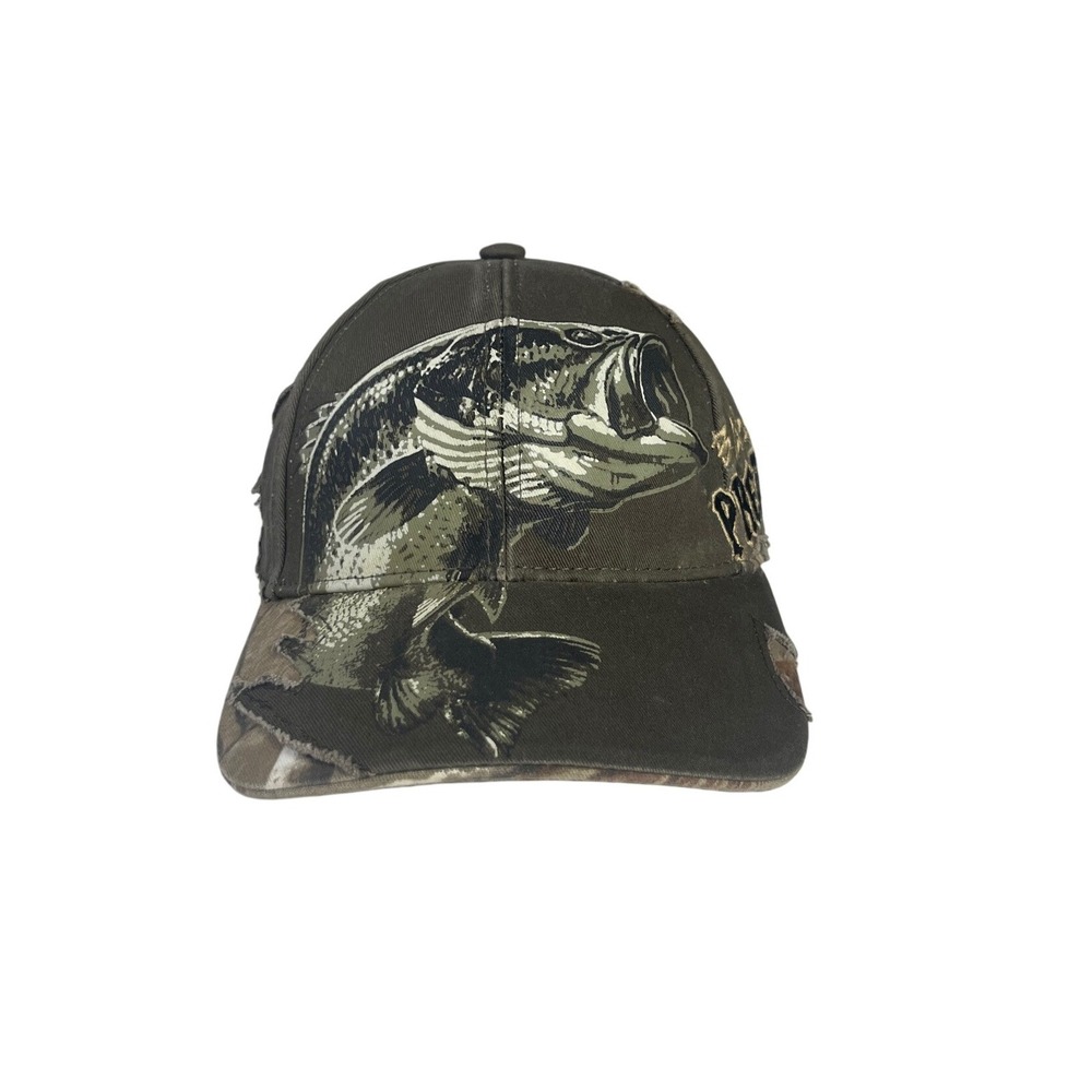Buck Wear Bass Predator Fishing Hat Olive Green Camo Distressed Adjustable Cap